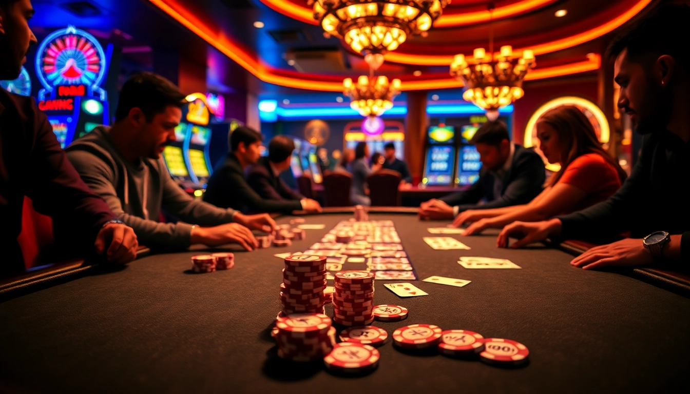 Players enjoying a high-stakes poker game at an ALo789 themed casino table with vibrant decor.