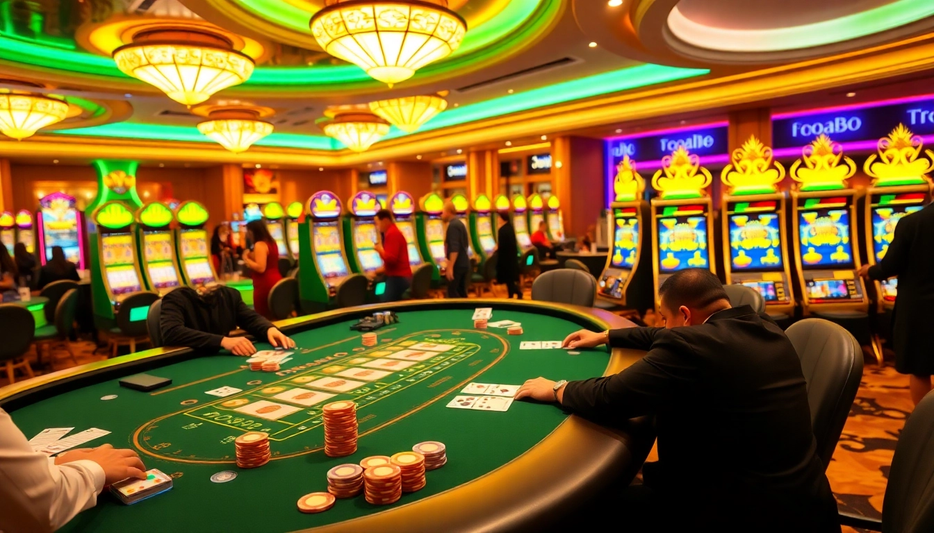 Good88 gaming scene with professional dealers at a blackjack table and colorful slot machines.