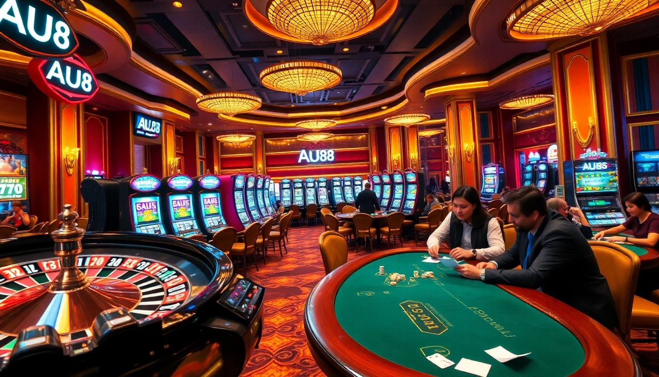Players enjoying a thrilling game at AU88 casino, with vibrant slot machines and poker tables.