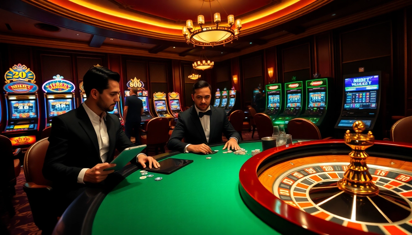 Mibet offers a luxurious online gambling experience with a high-stakes poker scene illuminated by vibrant elements.
