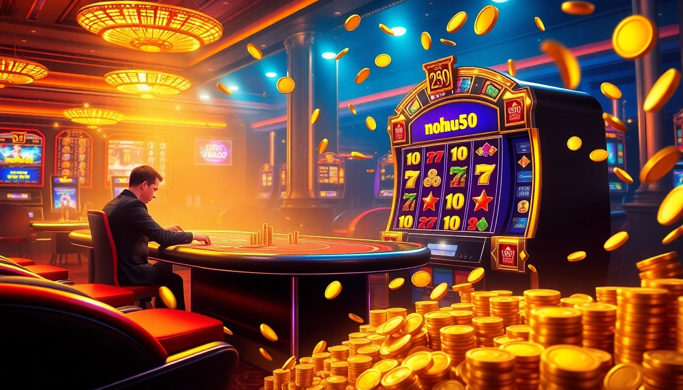 Nohu90 casino players enjoying an exciting poker game with vibrant chips and a luxurious atmosphere.
