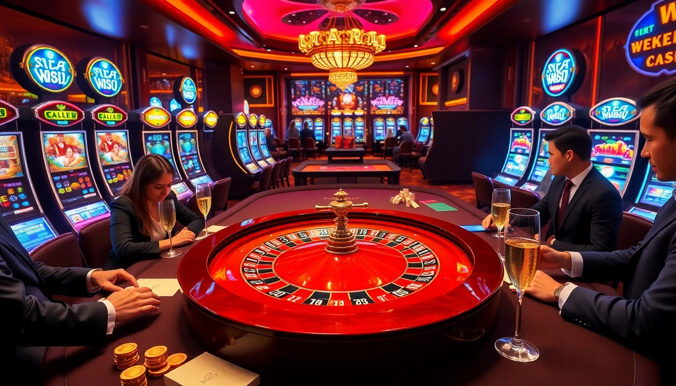 Players enjoying a thrilling night at nk88.onl casino with vibrant games and luxurious ambiance.