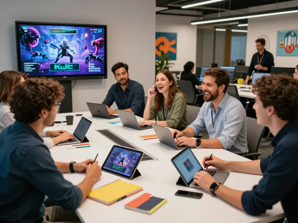 KJC team brainstorming innovative entertainment projects in a vibrant office.