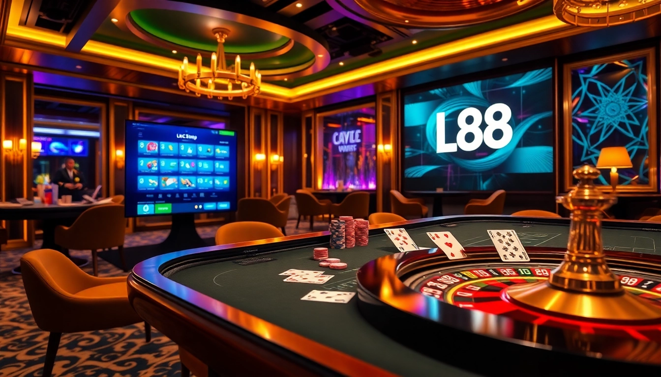 Engaging casino scene showcasing LC 88's vibrant atmosphere with poker chips and roulette wheel.