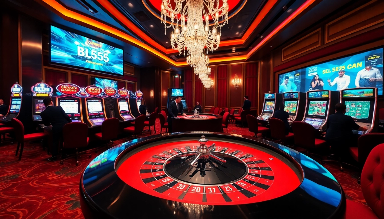 Trải nghiệm sự phấn khích tại BL555 với một cảnh casino sống động có vòng quay roulette và máy slot.