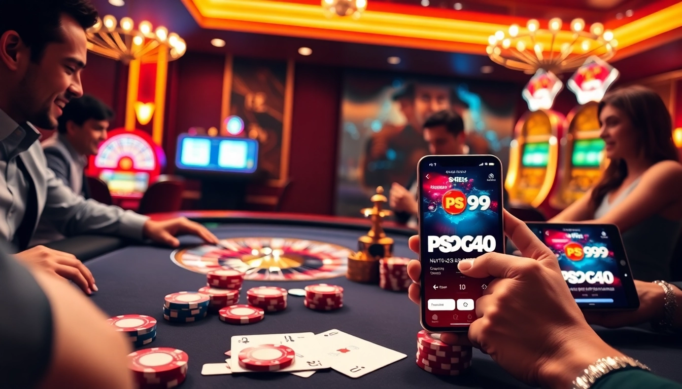 Experience thrilling gambling at PS99 with vibrant poker chips and casino tables.