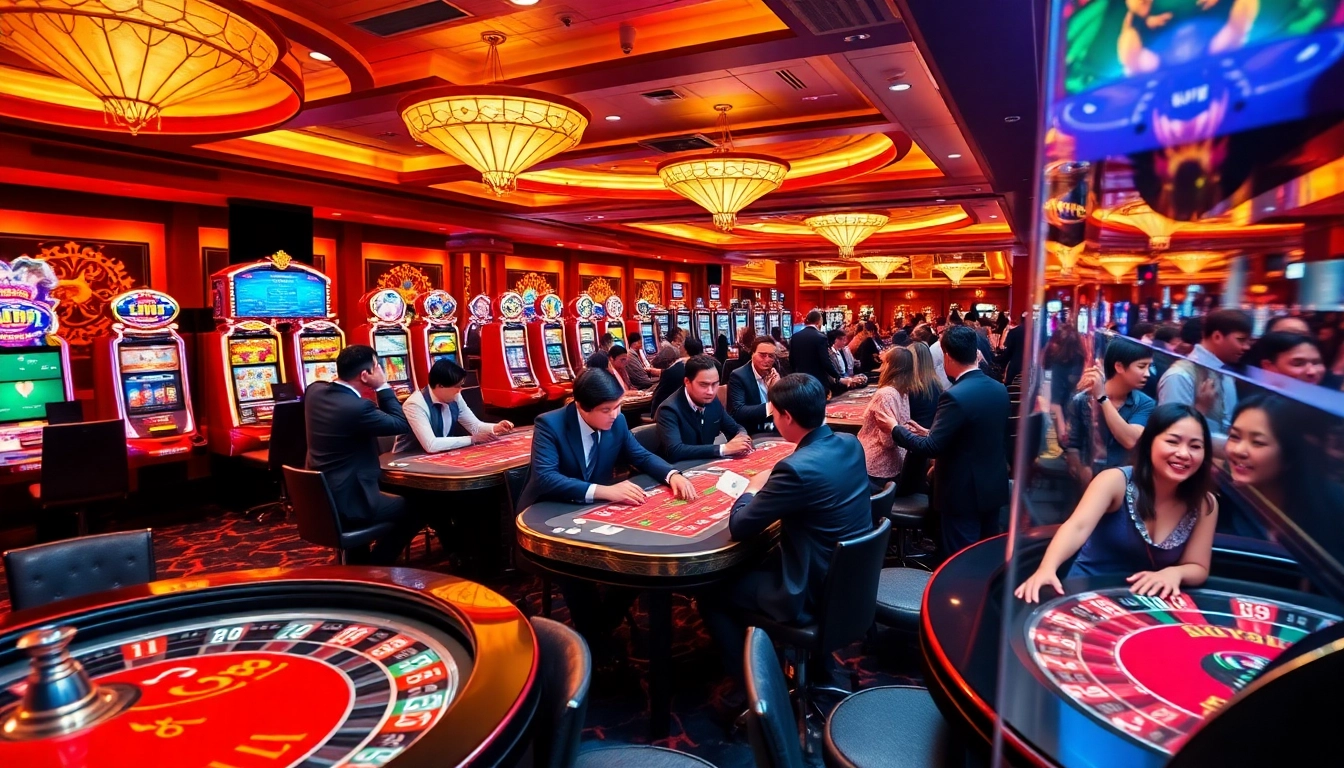 Gambling excitement at 68VIP casino featuring vibrant slot machines and poker tables.