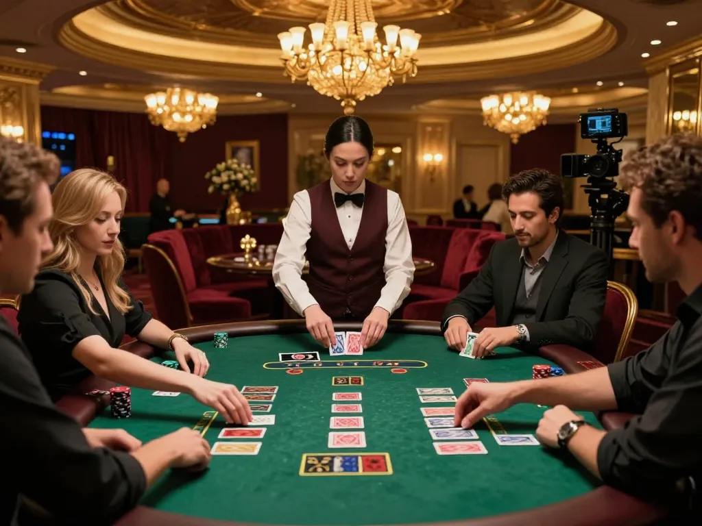 Players engaging in an intense game of blackjack at a luxurious hitclub casino table, dealer shuffling cards.