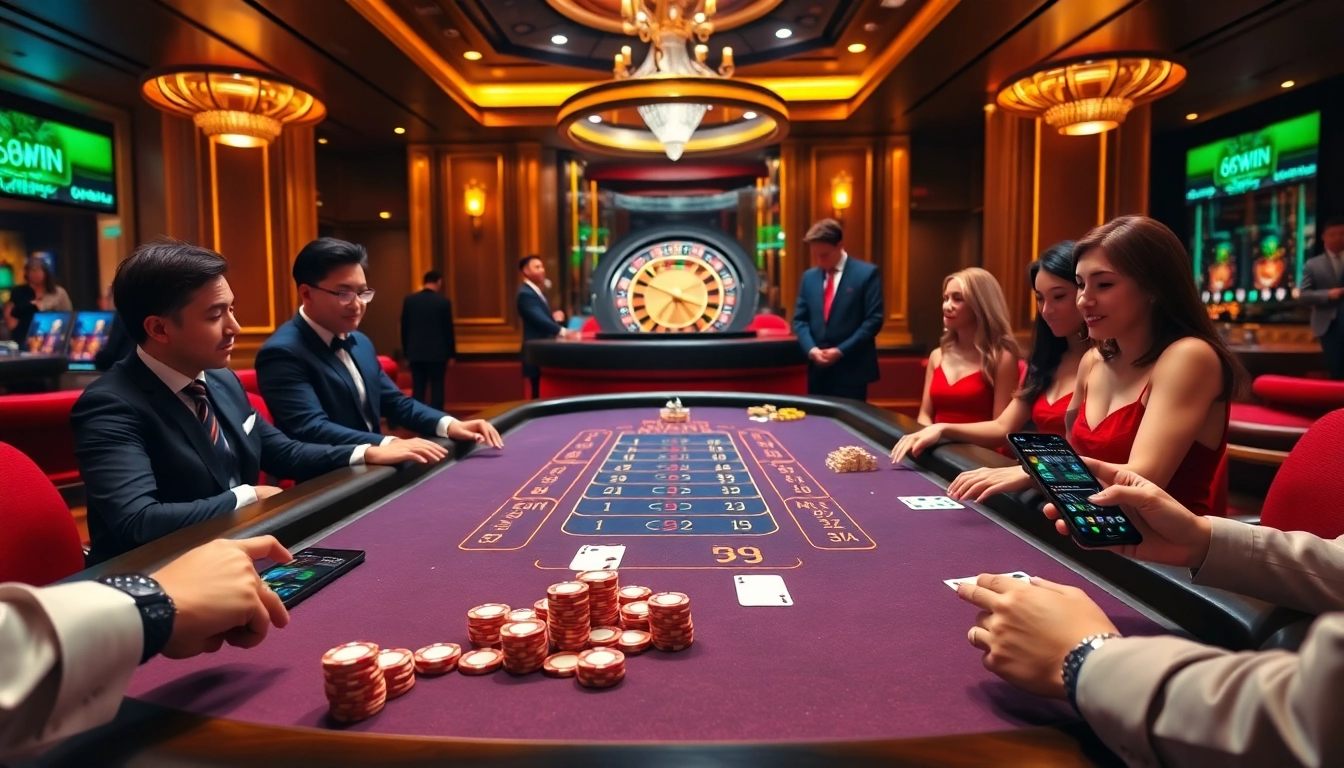 Players enjoying blackjack at 68WIN casino with vibrant chips and warm lighting.