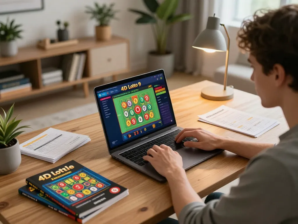 Engaging in 4D lotto 9 gameplay online at home with laptop and strategic notes visible