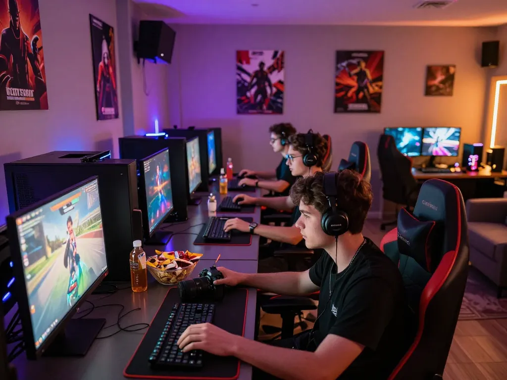 Bomwin gaming lounge featuring intense players and vibrant LED lights.