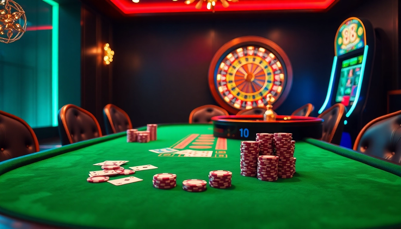 Casino scene highlighting poker table and slot machine, illustrating the excitement of 888b gambling.