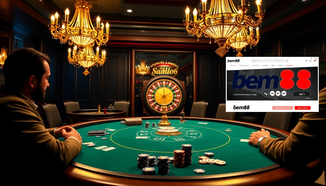 Experience the thrill of bem88 casino with poker chips and a vibrant roulette wheel.