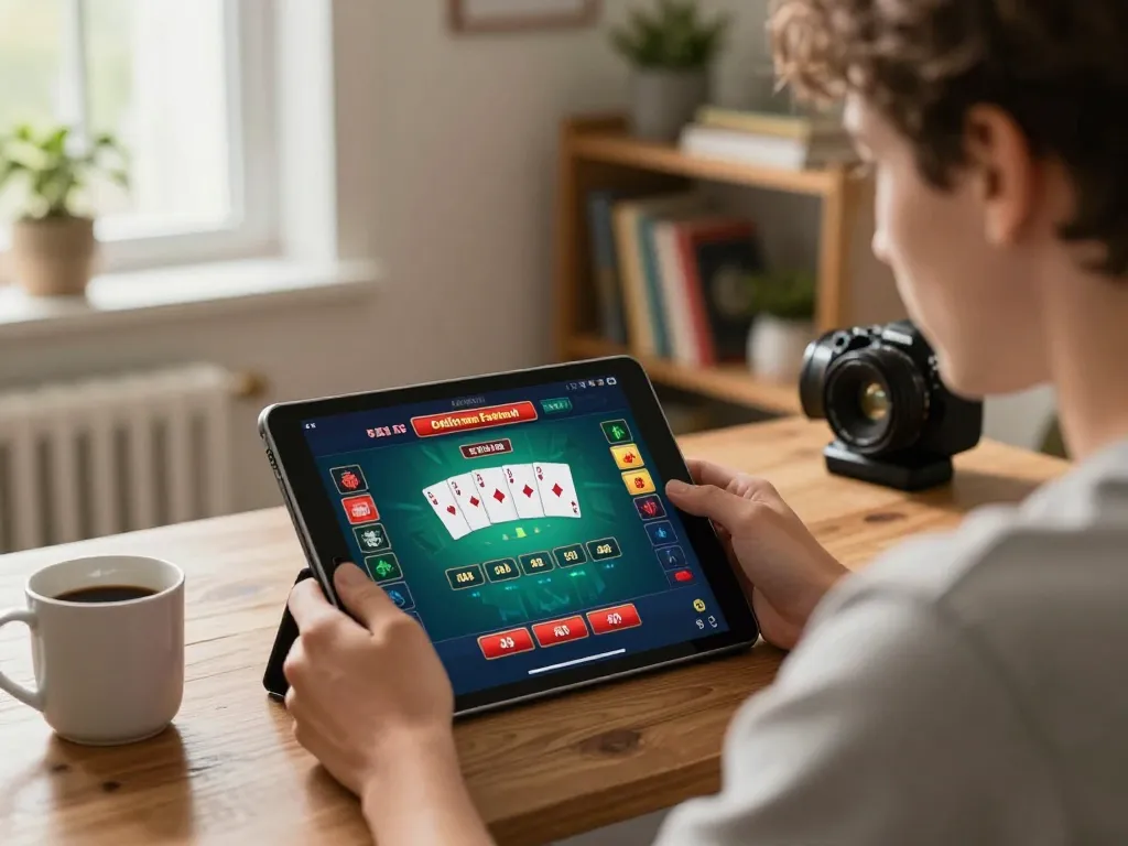 Player enjoying a strategic online game on ok365, analyzing betting options on a tablet in a cozy home setting.