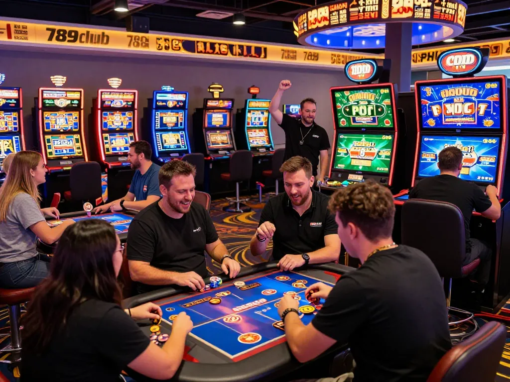 Exciting online gaming experience at 789club with diverse players at vibrant casino tables and colorful slot machines.