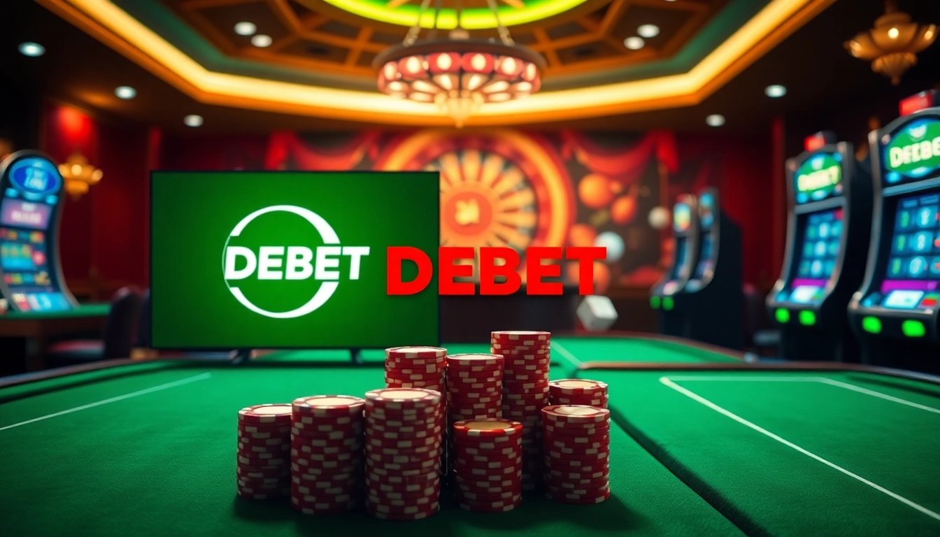 Experience the thrill of DEBET trang chủ with luxurious gambling visuals featuring casino tables and slots.