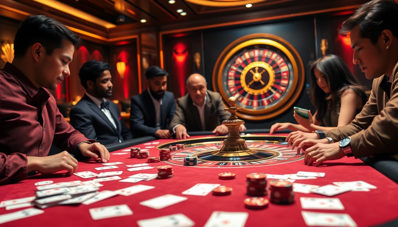 Engaging casino atmosphere with players at a poker table, highlighting okfun's thrilling gaming experience.