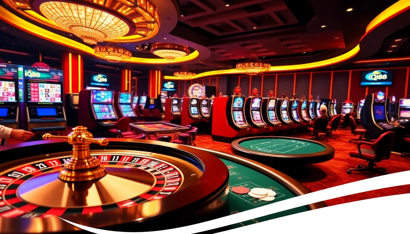 Vibrant casino scene showcasing players engaging with iq88 in a luxurious gambling environment.