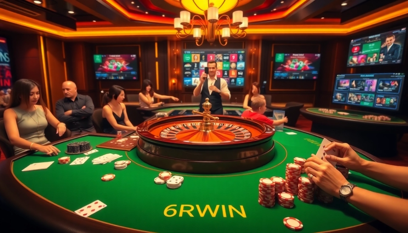 Engaging gameplay at 6RWIN casino with vibrant tables, roulette wheel, and enthusiastic players.