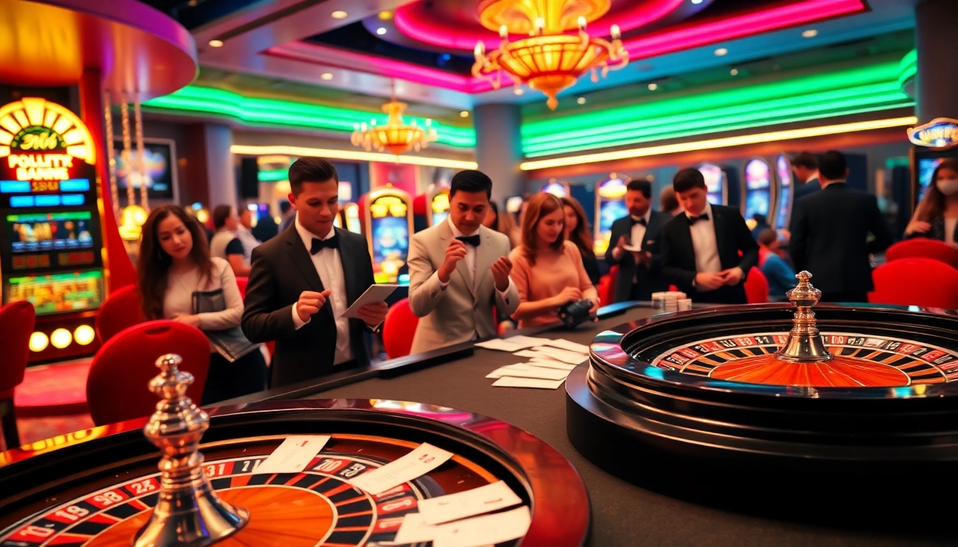 Tỷ lệ kèo bóng đá showcased in a bustling casino with lively gamblers and betting elements.