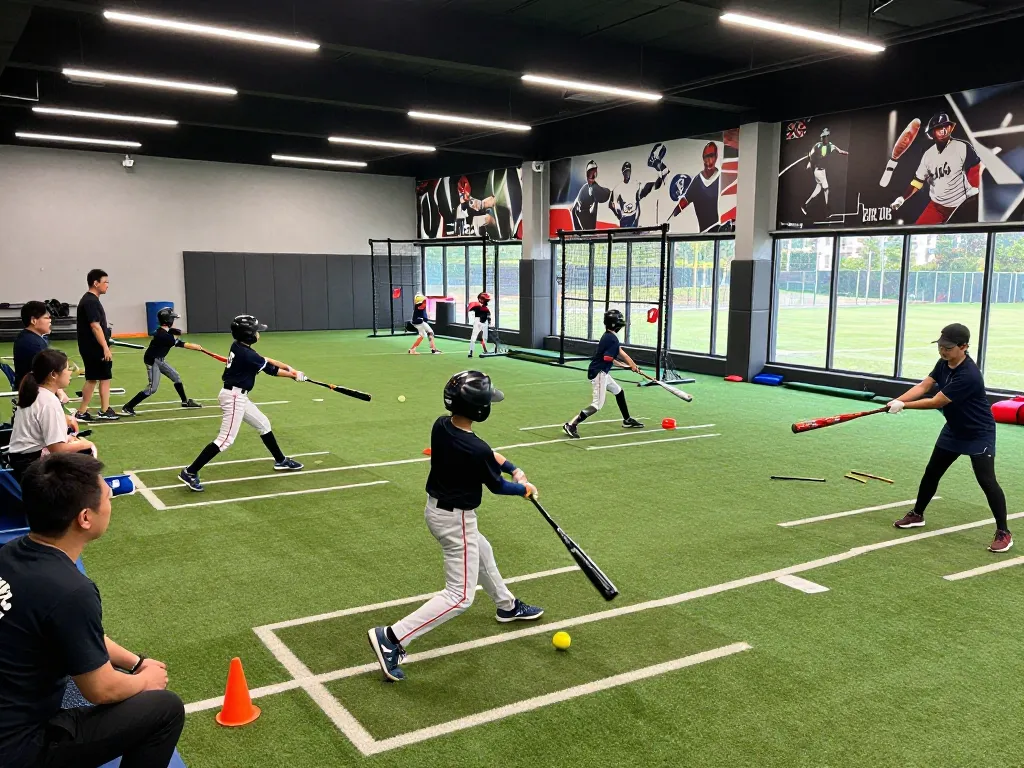 Young athletes training at the hitclub facility, showcasing batting practice.