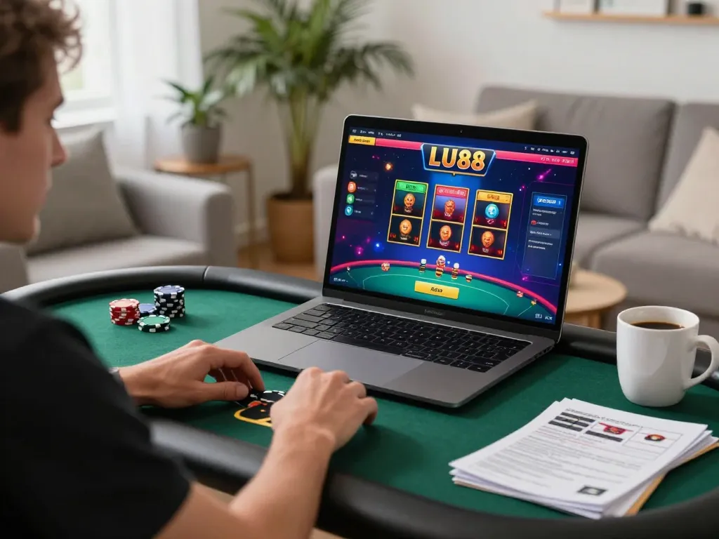 Engaging gameplay on Link nhà cái Lu88 in a cozy home setting, laptop displaying vibrant poker interface.