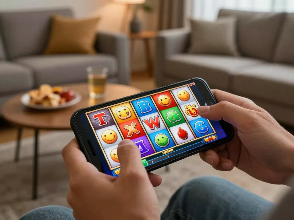 Engaged in a thrilling LODE88 online slot game on smartphone at home