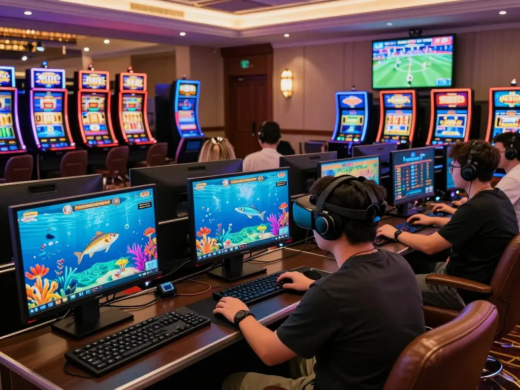 Gamers engaging in vivid online ZX88 casino games, highlighting thrilling 3D fishing and sports betting.