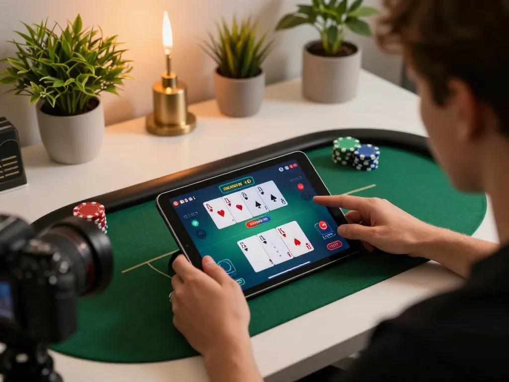 Engaging in an online poker game on 789bet, showcasing strategic gameplay and a comfortable home environment.