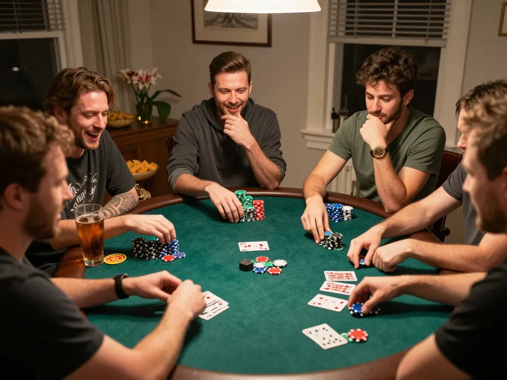 Players enjoying a lively poker night at home, showcasing TR88 strategies and engagement around a vibrant table