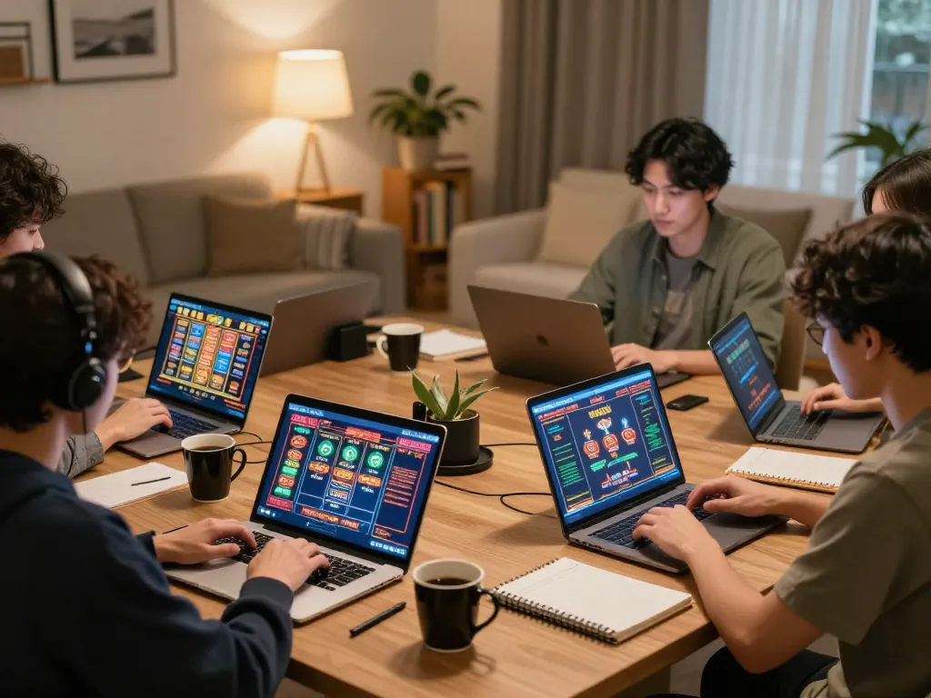 Players engaging in online 88vv casino games at home using laptops and tablets with cozy decor