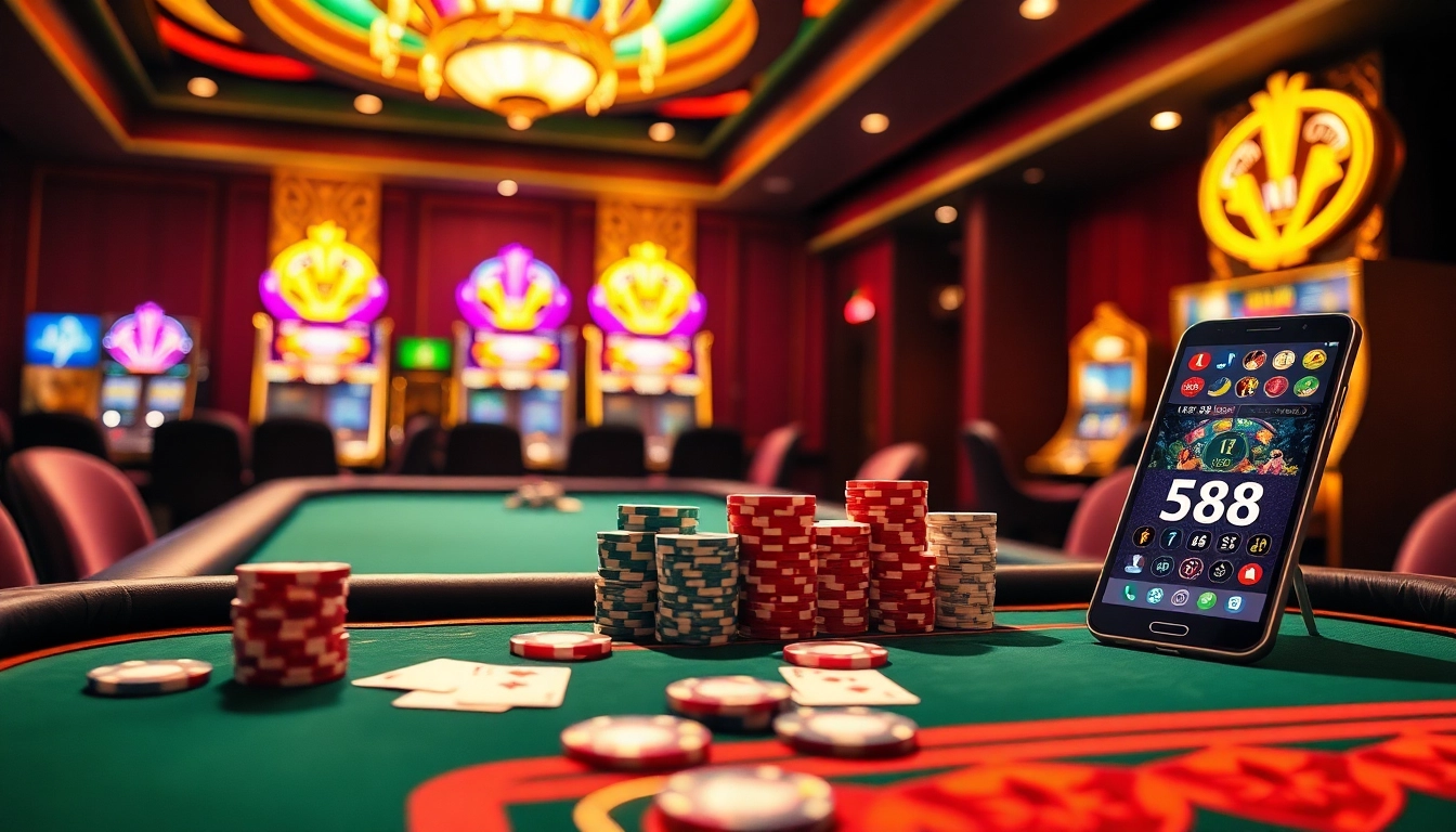 LC88 table games featuring vibrant poker chips and cards in an upscale casino setting.