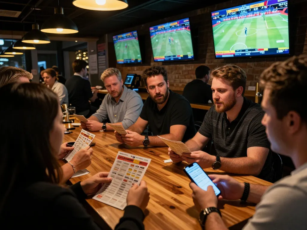 Patrons engaging in live sports betting at nhà cái CM88 with screens displaying matches and betting slips