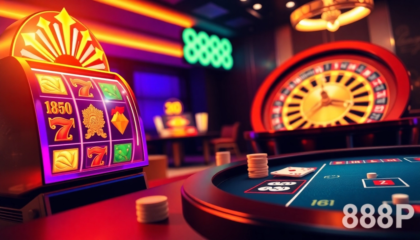 Experience the thrill of gaming at 888P with a vibrant casino interface showcasing slots and poker tables.