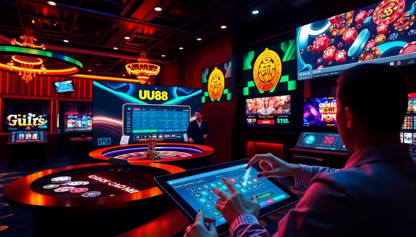 Players engaging with the UU88 online casino interface featuring poker chips and roulette.