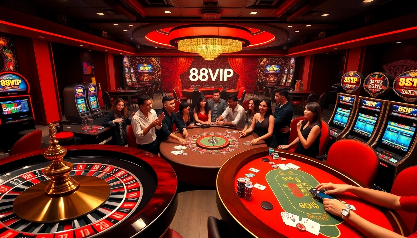 Excited players enjoying games at the luxurious 68VIP casino, showcasing roulette and poker.