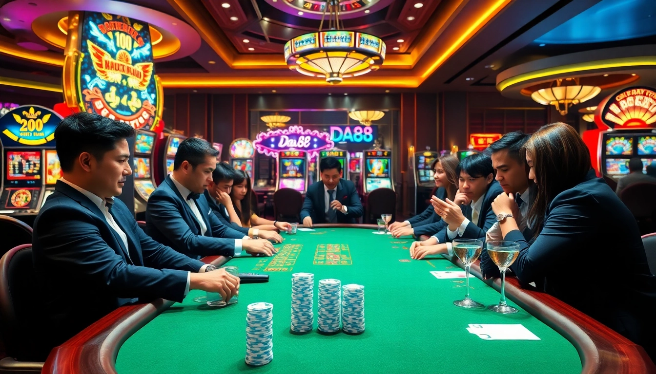 Players engaging in high-stakes poker at a dazzling casino table featuring da88 betting slips.