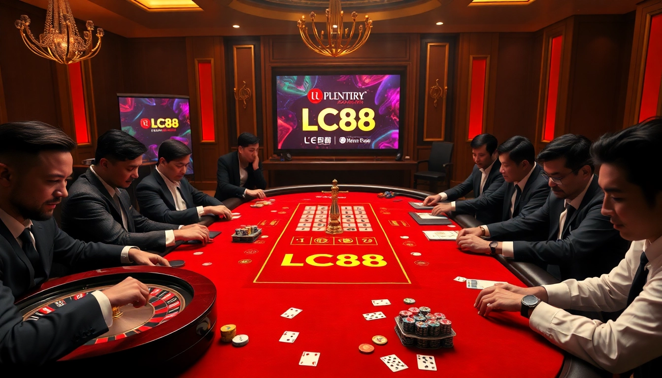 Players engaged in a thrilling game at the luxurious LC88 casino table, featuring cards and roulette.