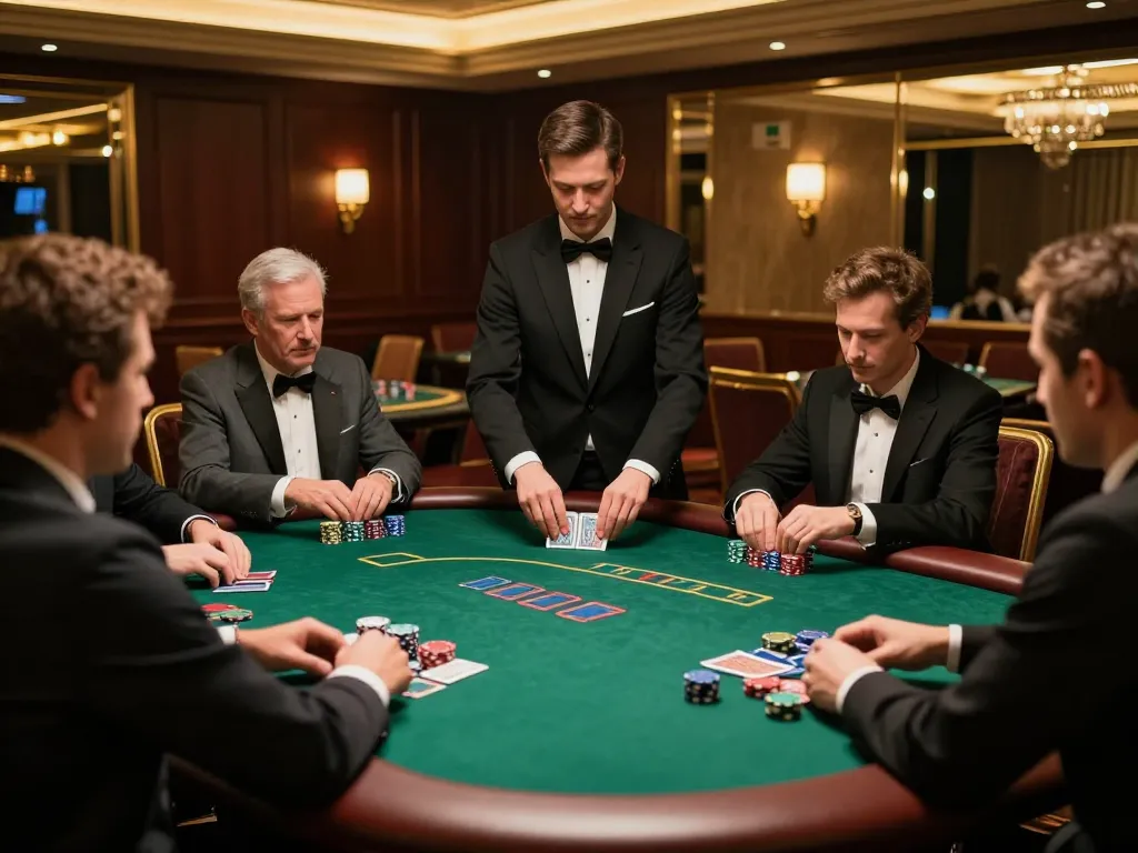 Players strategizing at an OK9 poker table in an elegant casino setting, highlighting immersive gaming.