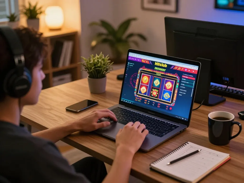 Play slot games on Hitclub while enjoying a cozy home setting with coffee and notebook.