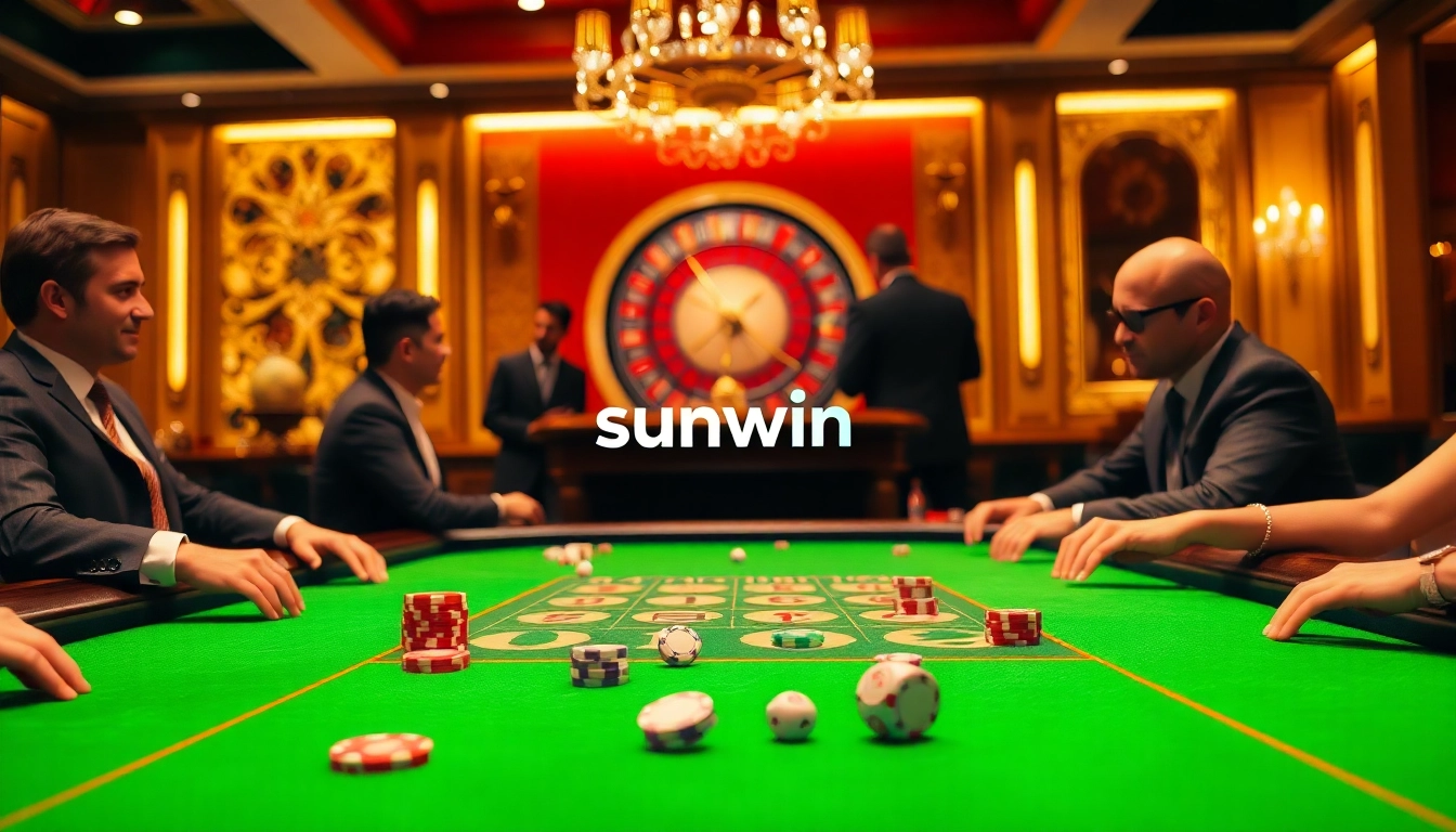 Exciting poker action at Sunwin casino table with colorful chips and roulette wheel.