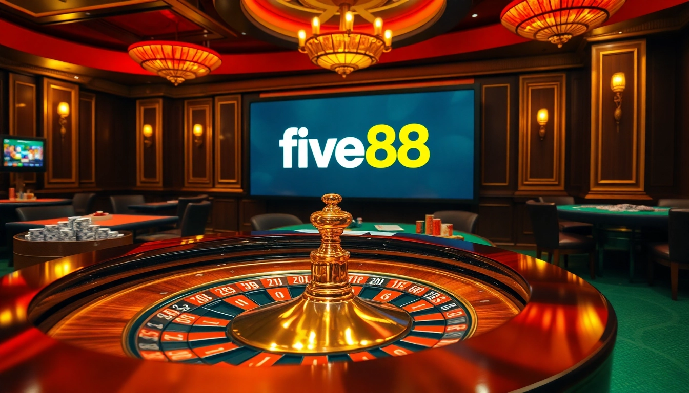 Experience the excitement at five88 with an elegant roulette table and vibrant gaming elements.