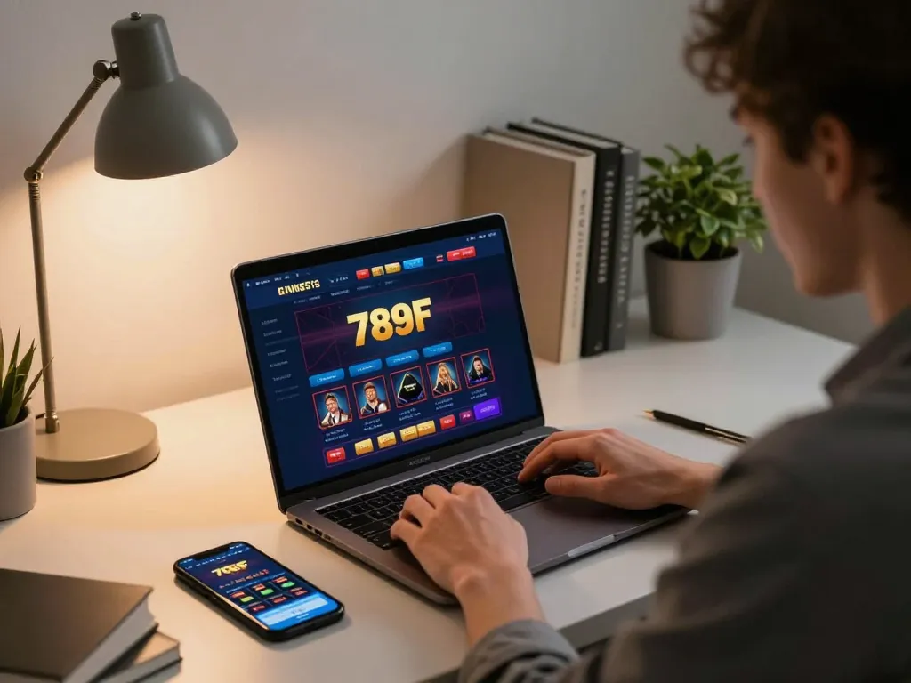 Player engaging in online casino gaming on 789F platform with strategic focus on laptop