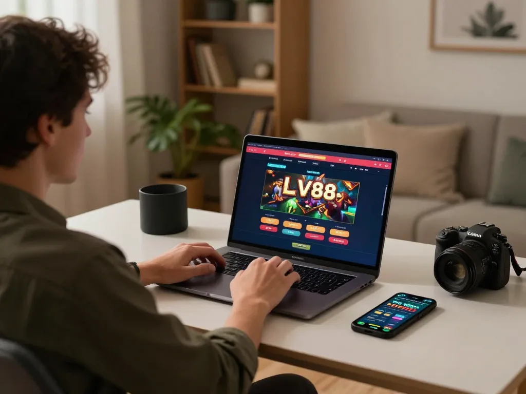 Engaged player using LV88 online casino interface on laptop in cozy home setting.