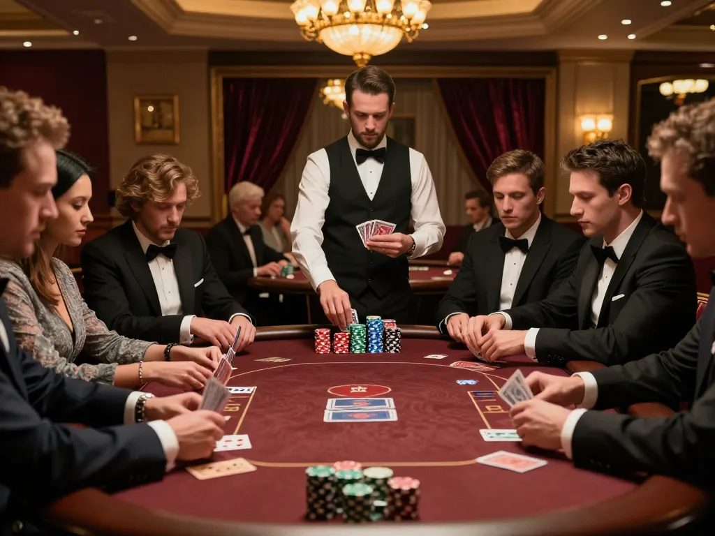 Engaged players at a high-stakes poker table in luxury casino on https://da88at.com/, showcasing cards and chips during an intense game.