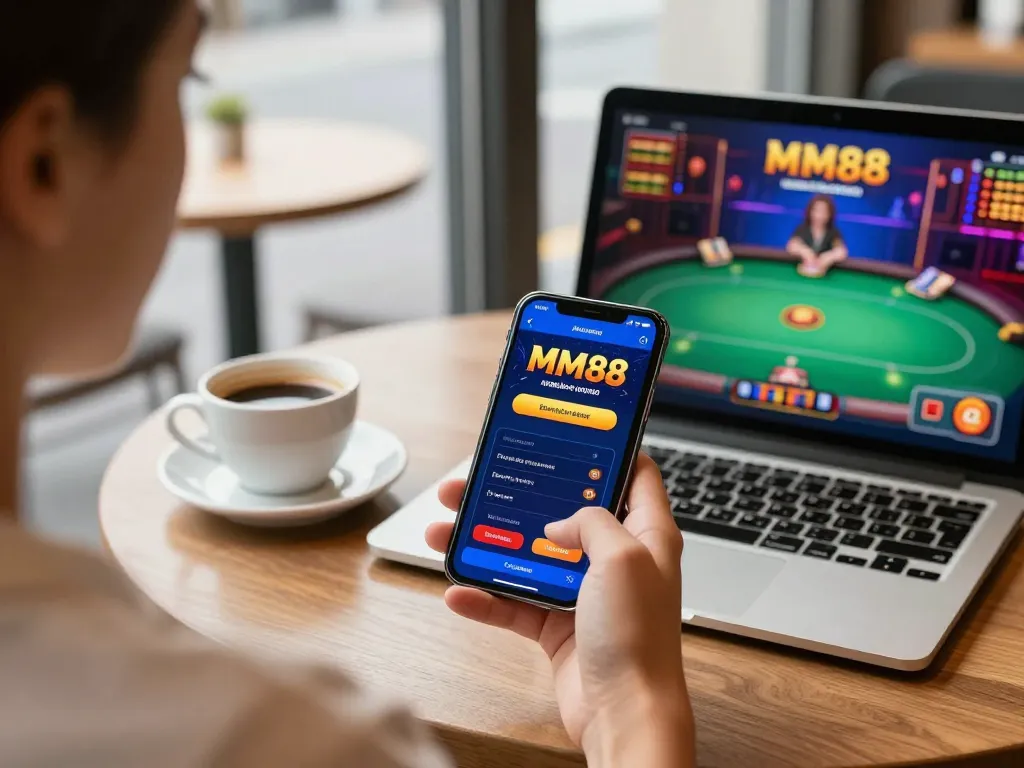 Engaging with MM88 mobile casino app while enjoying coffee, capturing the excitement of online gambling.