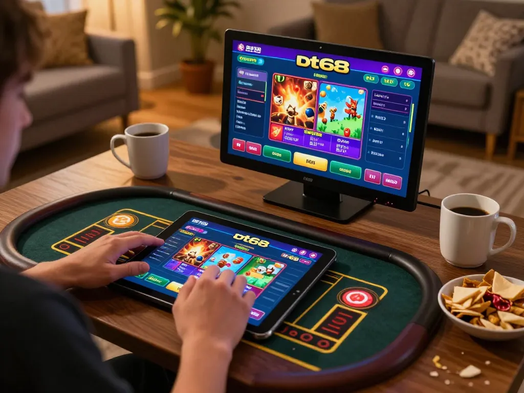 The player enjoys live gaming on dt68 tablet, showcasing real-time casino games.