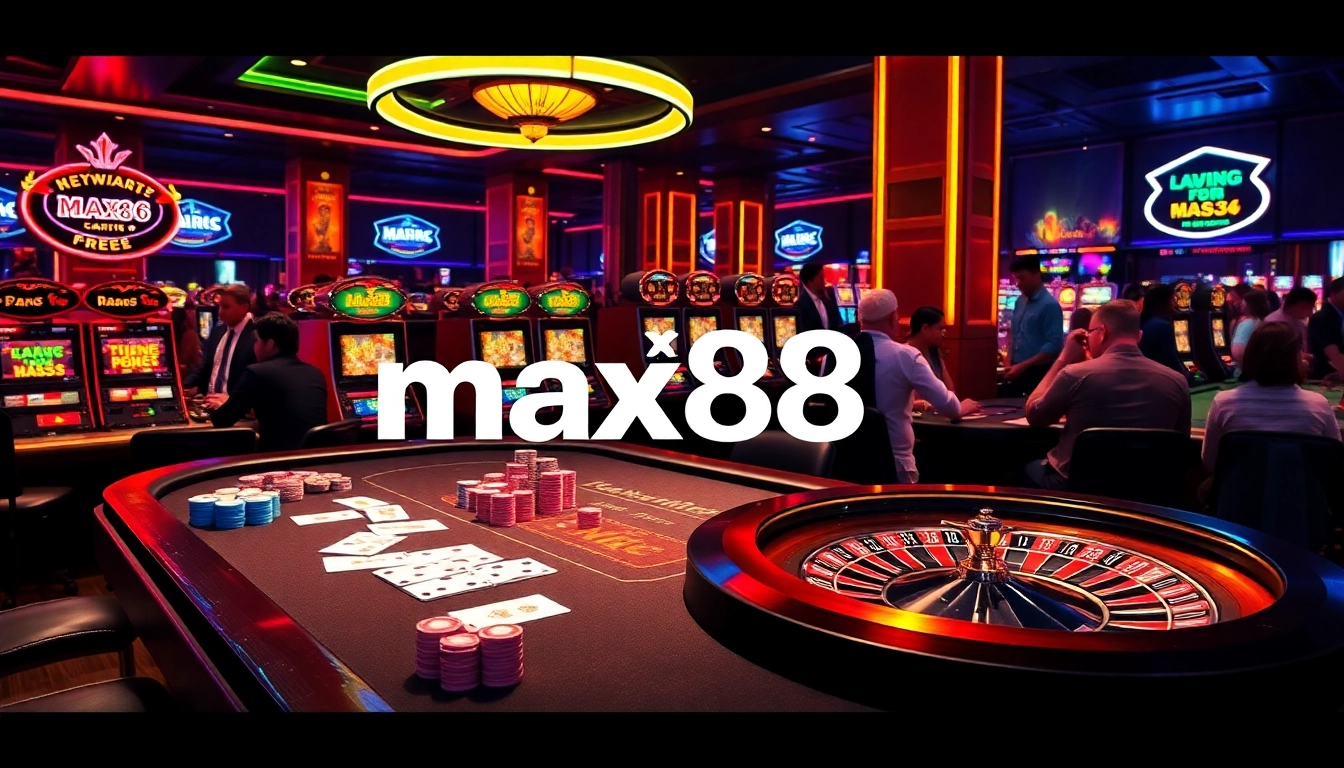 Players engaging in exciting games at max88 casino, showcasing poker, roulette, and slot machines.