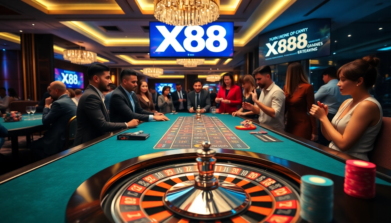 X88 players engaging at an upscale casino table filled with vibrant chips and games.