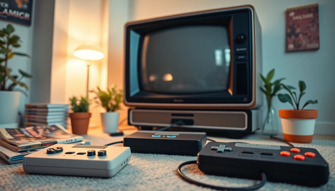Retro games setup with vintage console, controllers, and nostalgic gaming props.